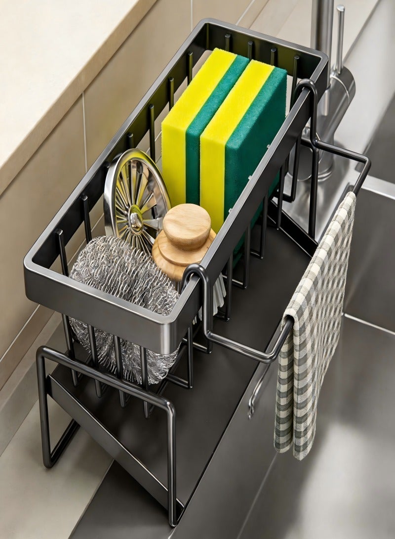 Dish Drying Rack, Kitchen Sink Storage Rack, Kitchen Sponge Holder, Rod Sink Drying Drainer Rack, Sink Caddy with Tilting Auto Drain Pan, Bathroom Storage Rack, For Bathroom and Kitchen Supplies（Gray with Removable Towel Rack） - Image 1